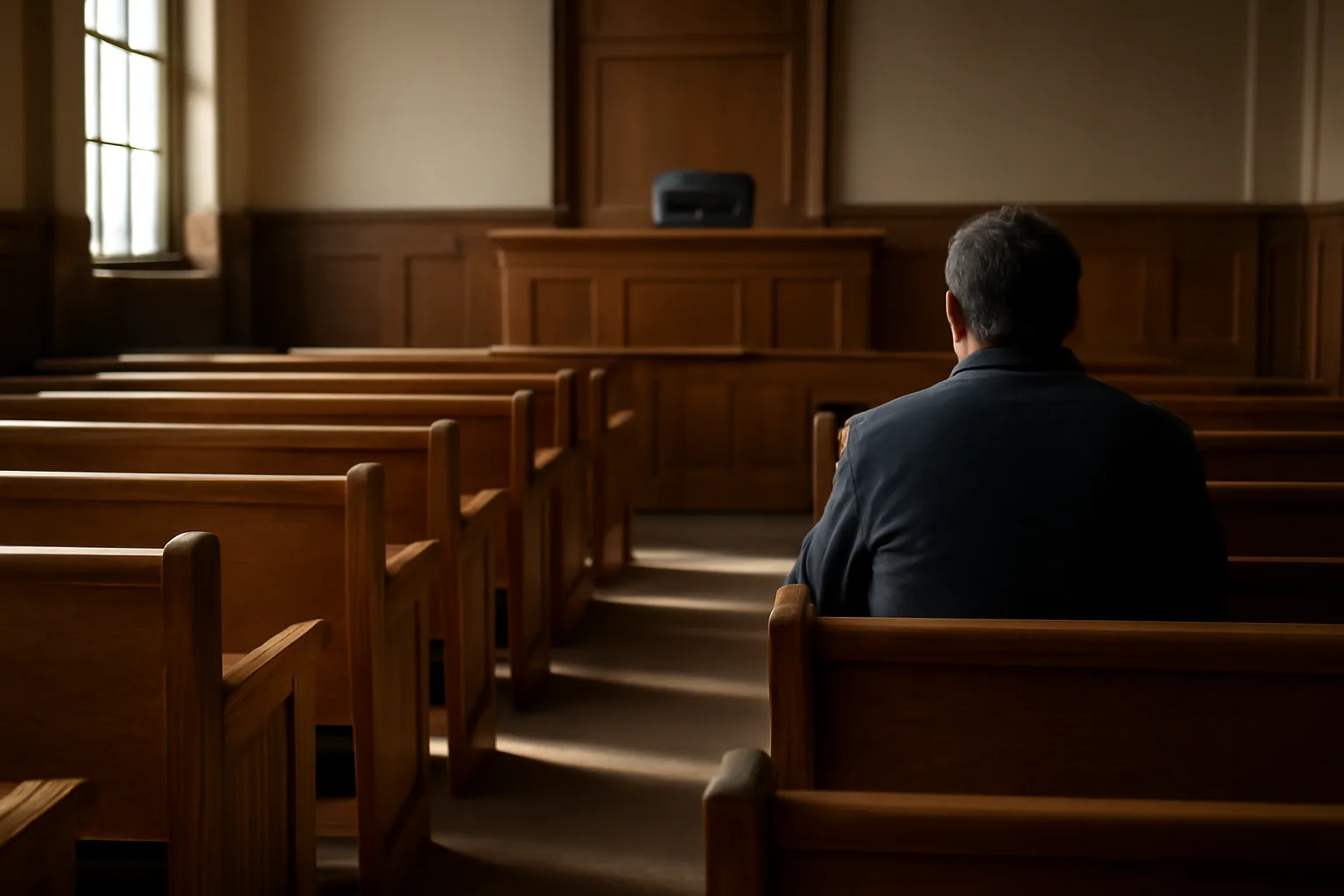Person waiting on empty courtroom benches for court translator work