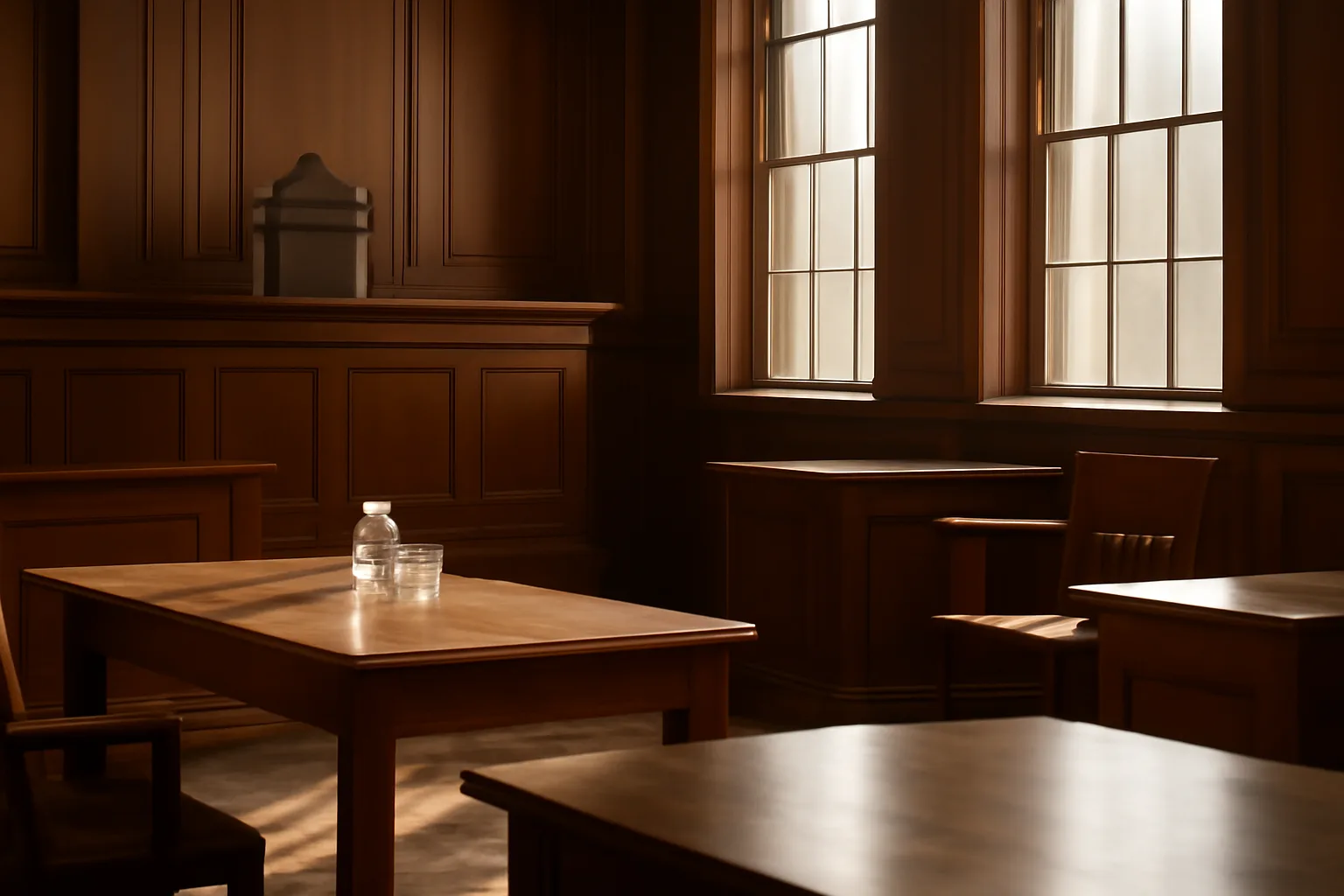 Empty sunlit courtroom waiting for a court translator assignment