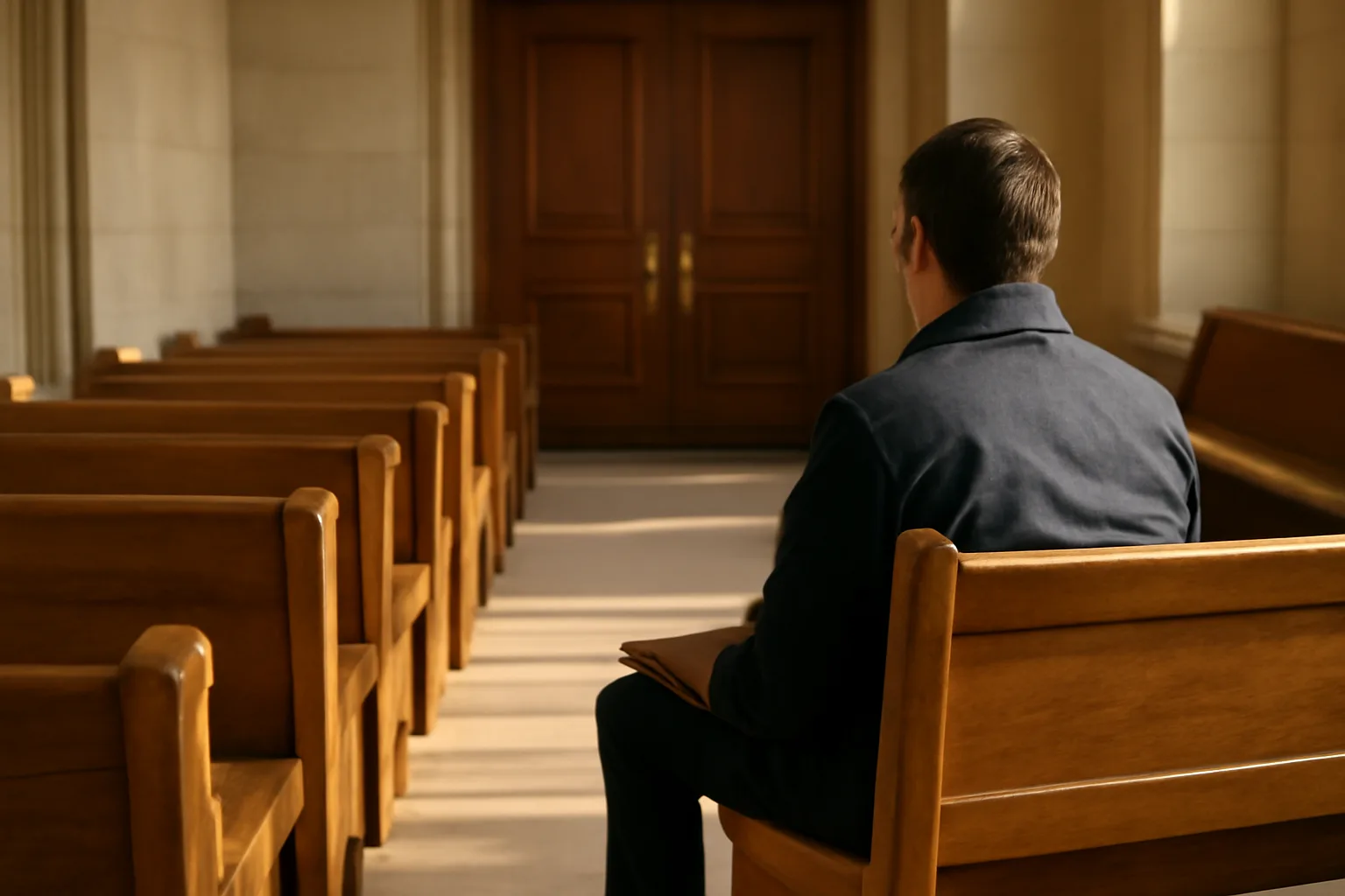 Quiet courthouse corridor where a court translator waits