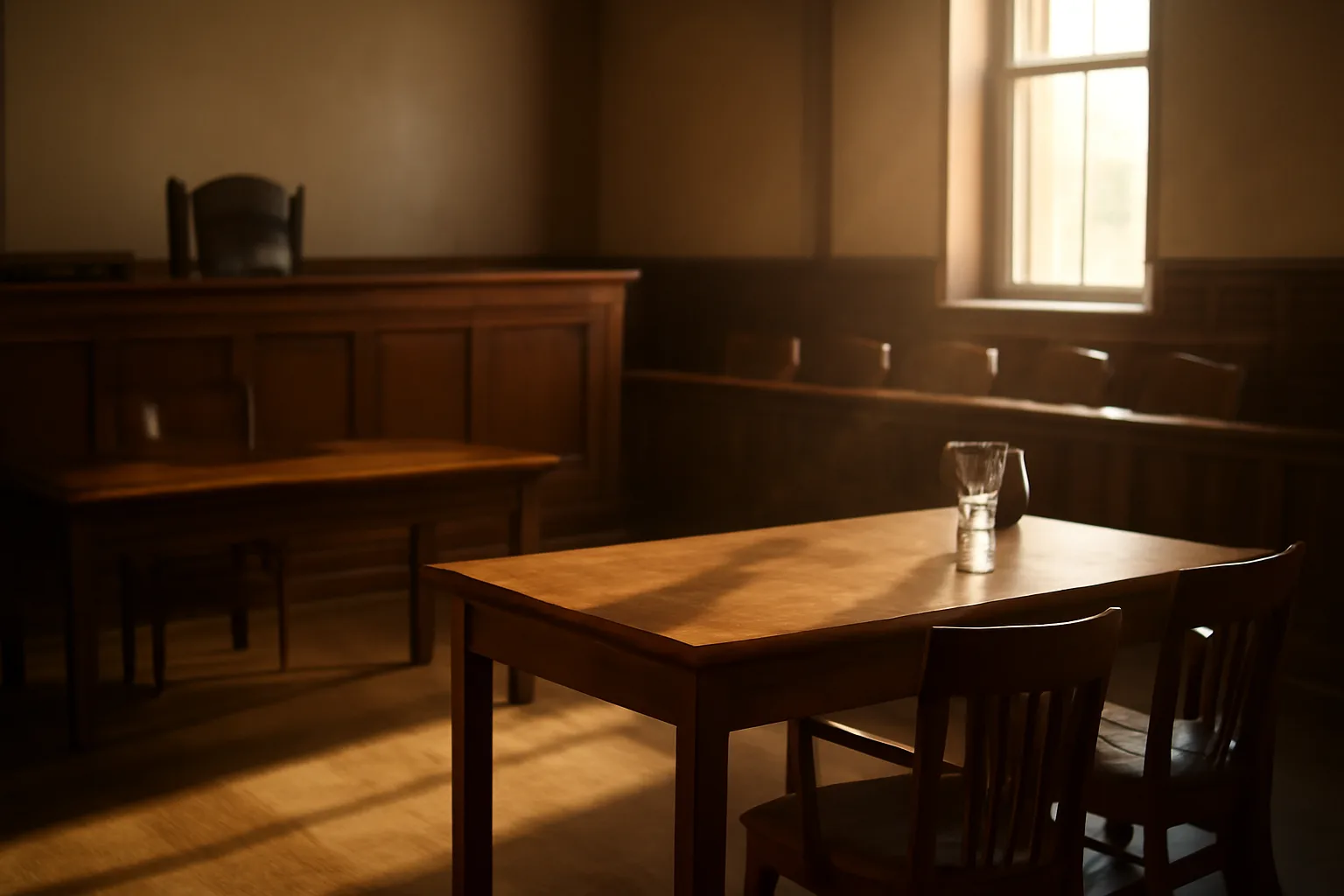 Sunlit empty oak courtroom used later by a court translator