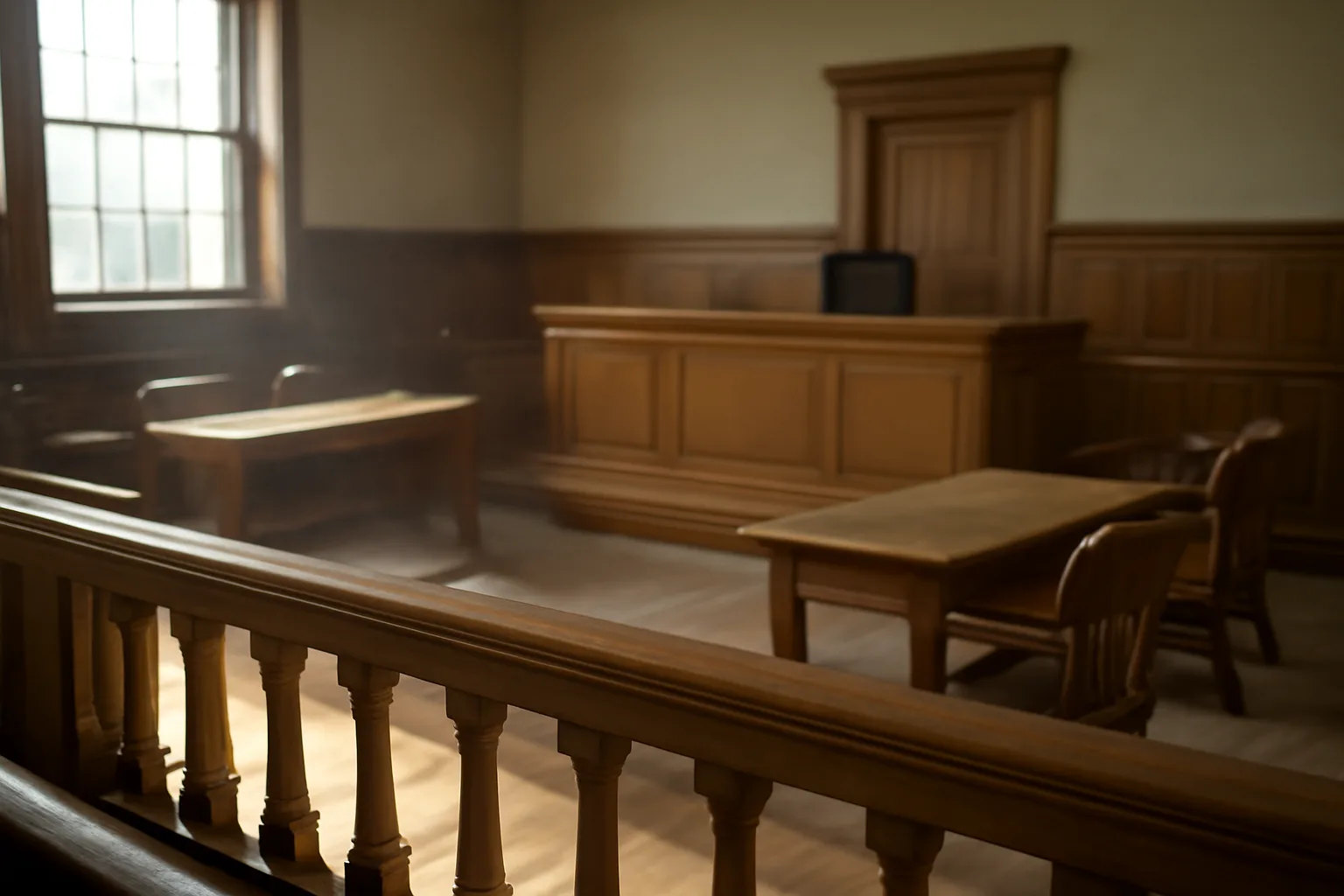 Empty sunlit courtroom well where a court translator would work