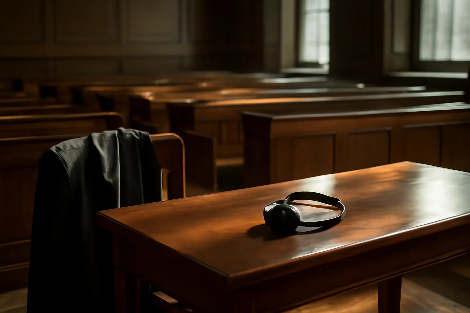 Sunlit empty courtroom with headset suggesting court translator cost