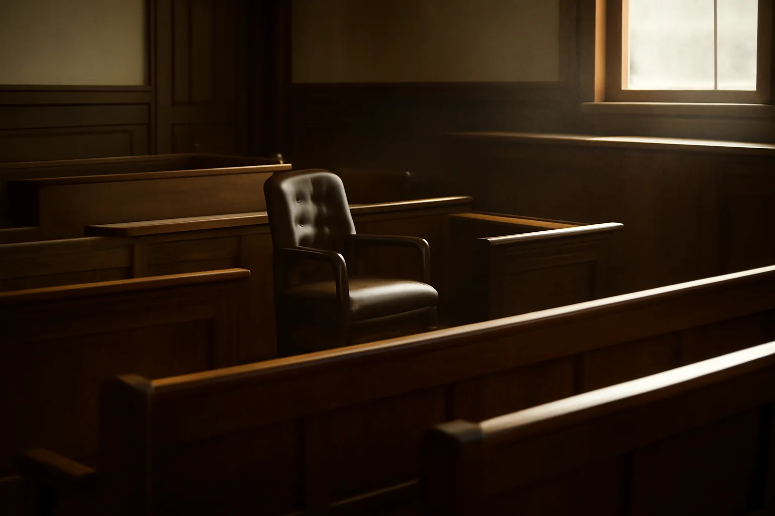 Empty sunlit courtroom benches where a court translator works