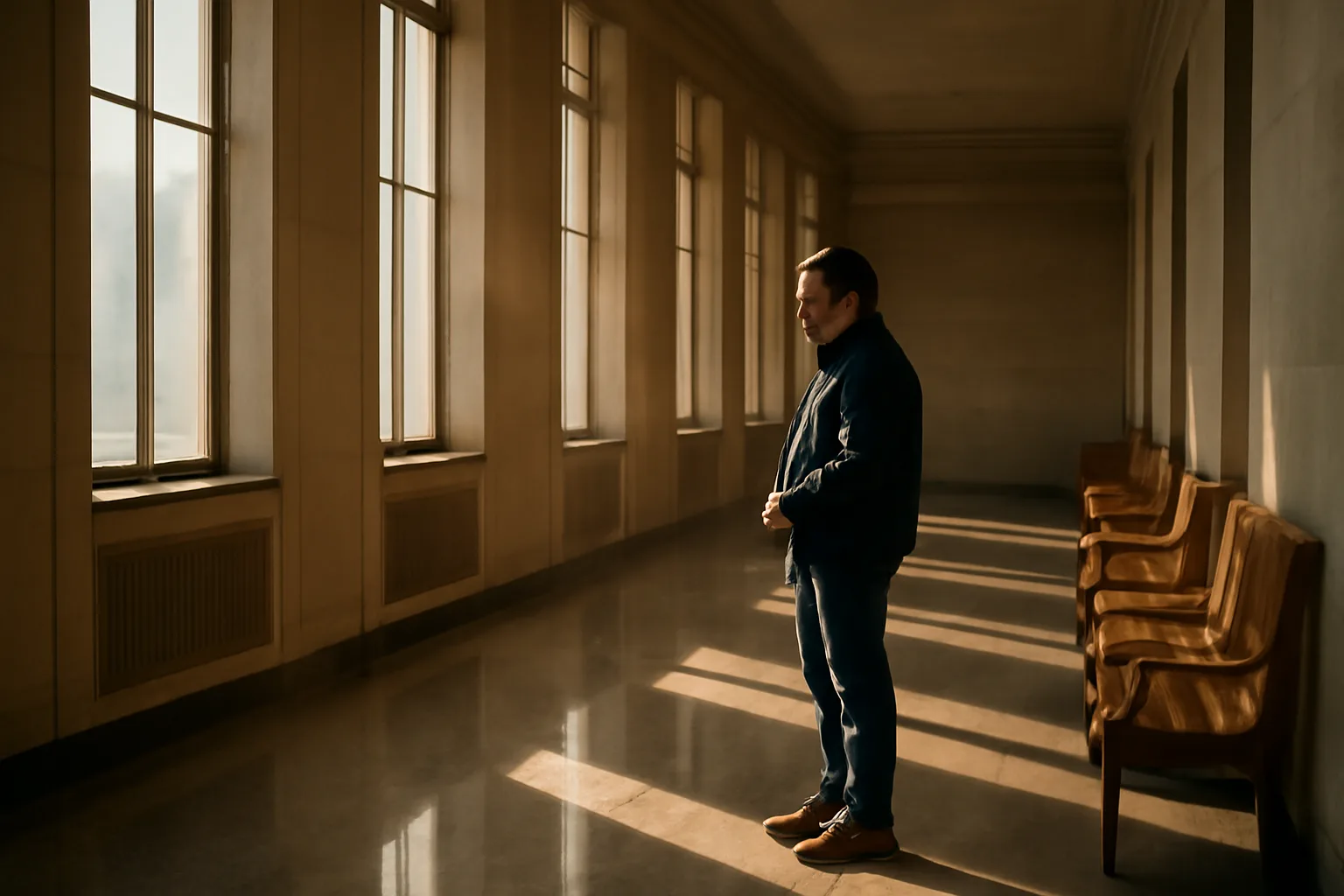 Person standing in a sunlit California courthouse hallway before interpreting work