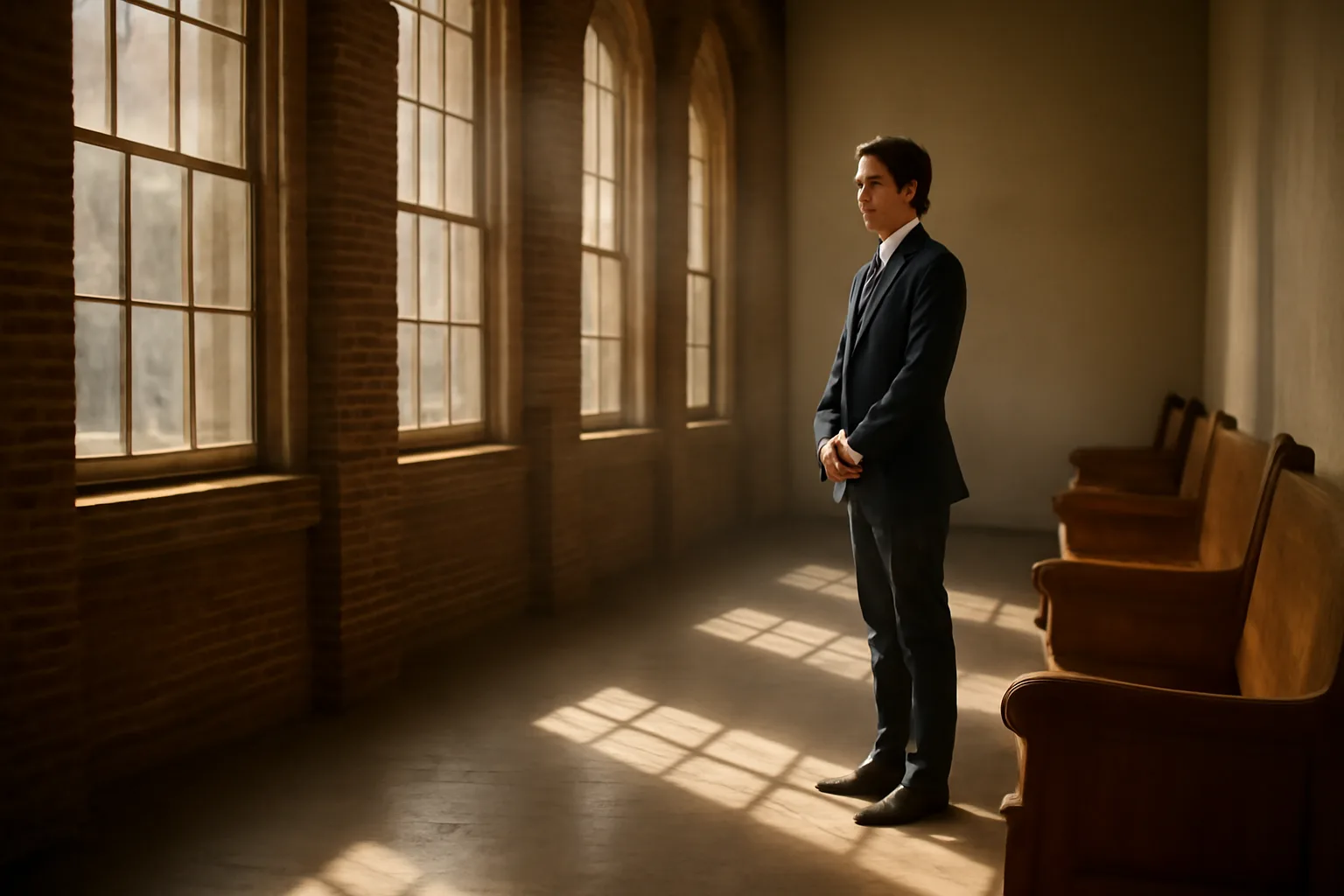 Person waiting in a sunlit Arkansas courthouse corridor for court translator work