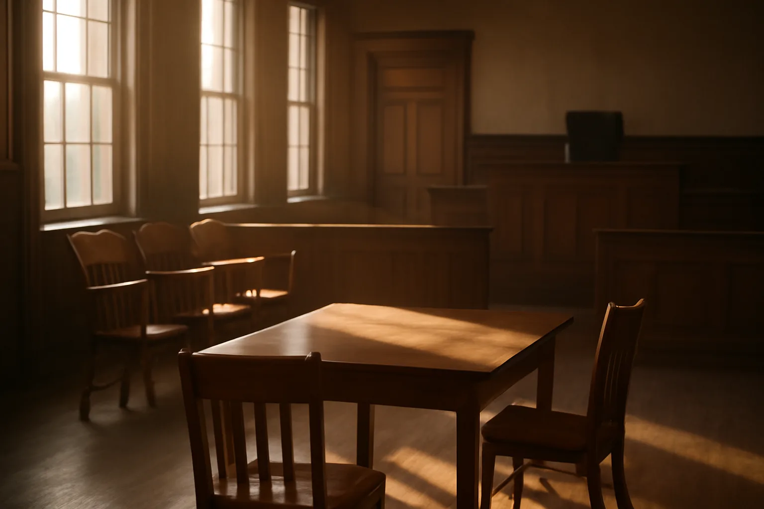 Empty sunlit Arkansas courtroom where a court translator would sit