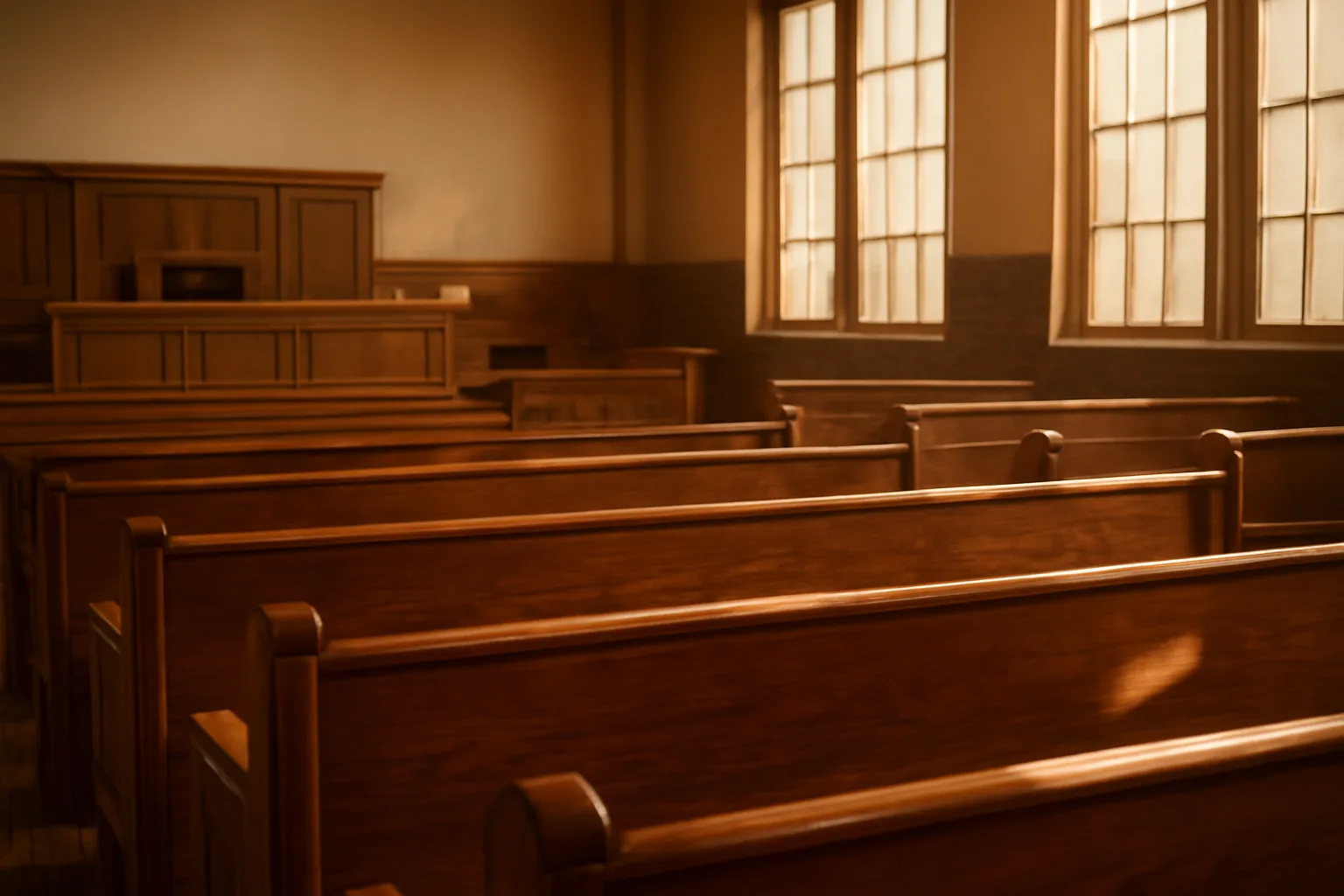 Empty sunlit California courtroom benches for court translator license topic