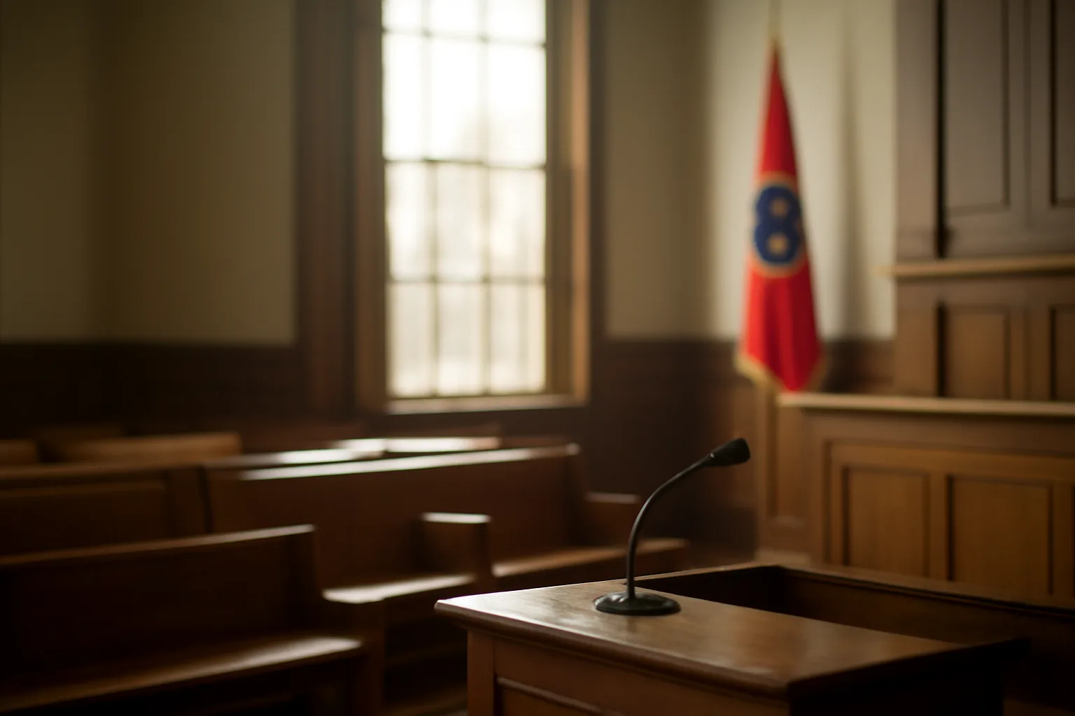Empty Tennessee courtroom with interpreter microphone and morning window light