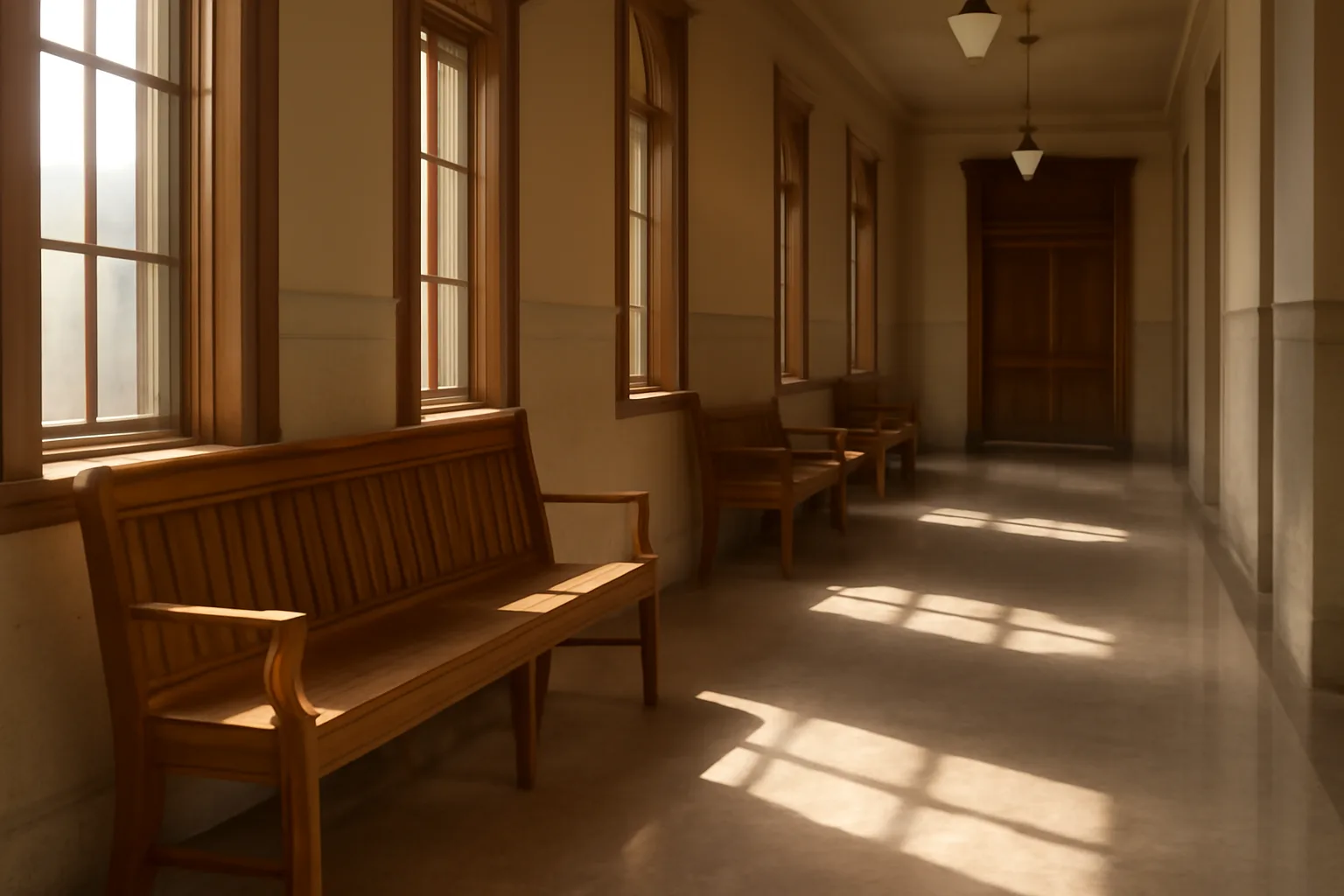 Empty Texas courthouse hallway with wooden benches and warm window light