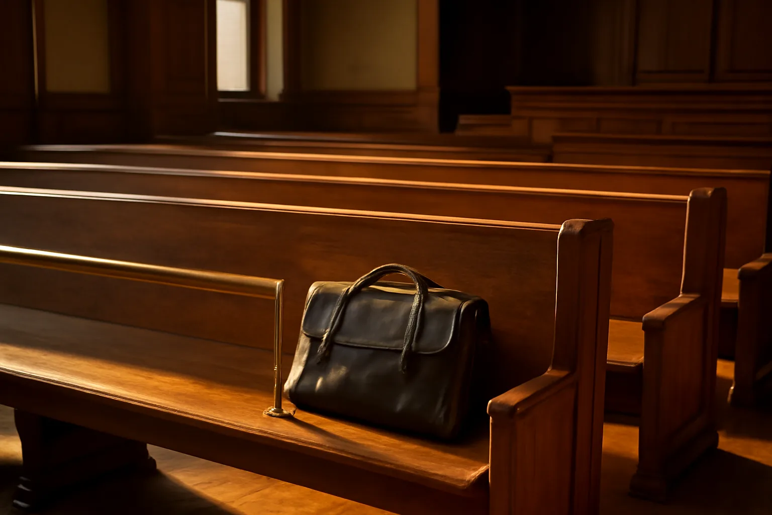 Sunlit empty Montgomery courtroom before a court translator assignment