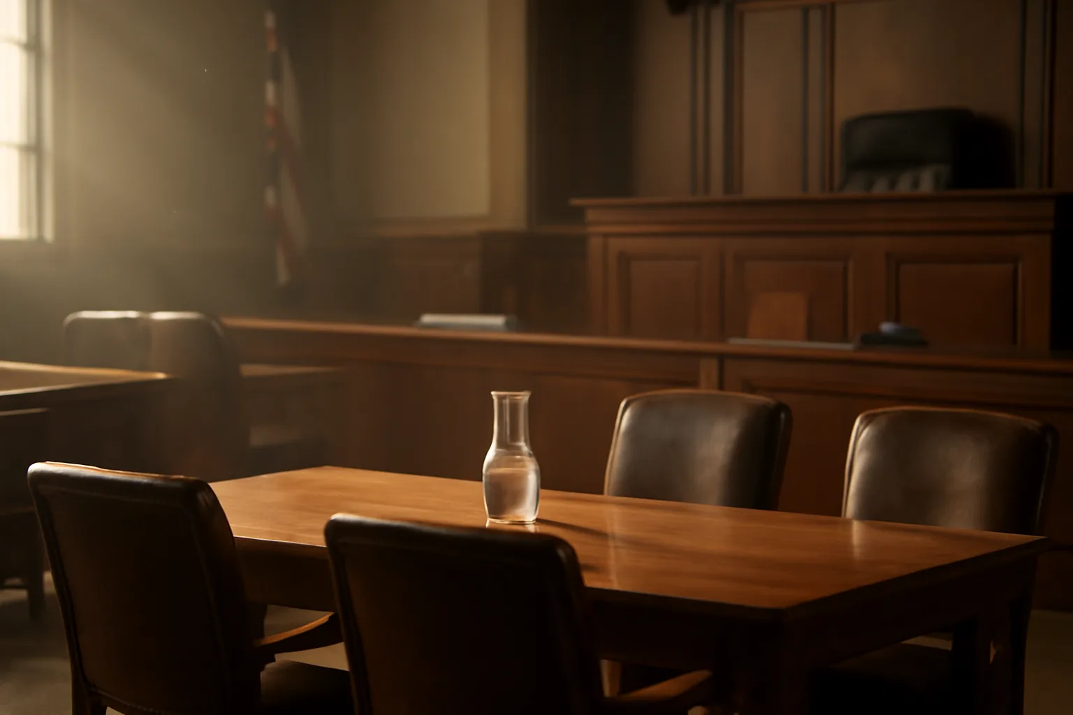 Sunlit empty California courtroom used for court translator work